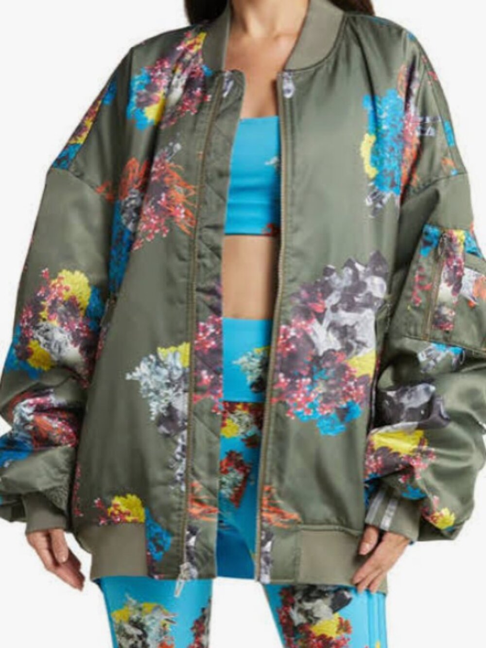 ADIDAS X IVY PARK Reversible Satin Bomber Jacket In Crystal/dark Khaki/shock Cya